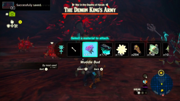 Zelda Tears of the Kingdom TotK - attaching a Muddle Bud on an arrow