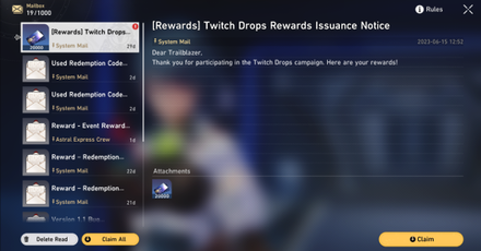 Honkai Star Rail - In-Game Mail Box Twitch Drops