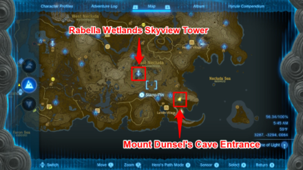 Zelda TotK Rabella Wetlands Skyview Tower to Mount Dunsel