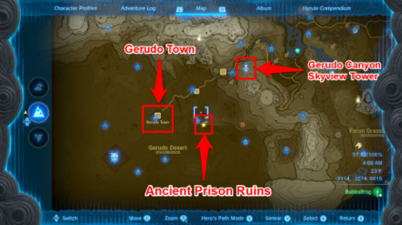 Zelda TotK Gerudo Town and Gerudo Canyon Skyview Tower to Ancient Prison Ruins