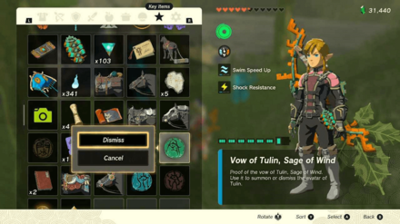 Zelda TotK - Vow of Tulin Key Items Menu