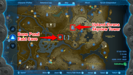 Zelda TotK Upland Zorana Skyview Tower to Bone Pond East Cave