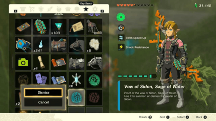 Zelda TotK - Vow of Sidon Key Items Menu