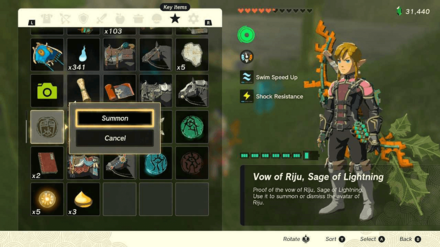 Zelda TotK - Vow of Riju Key Items Menu