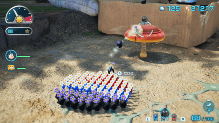 Pikmin 4 - Throw Pikmin towards the Mushroom Trampoline