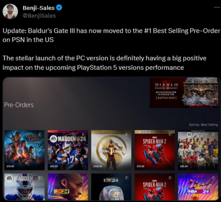 Baldur's Gate 3 Is The Most Pre-Ordered Game on PS5