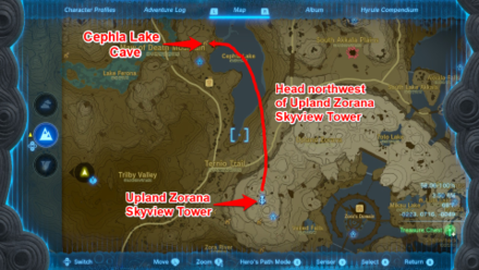Zelda TotK Upland Zorana Skyview Tower to Cephla Lake Cave