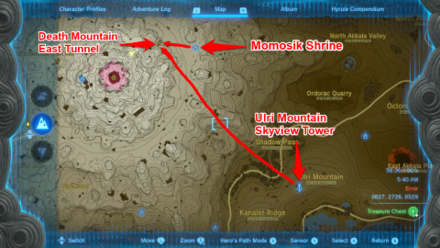 Zelda TotK Ulri Mountain Skyview Tower and Momosik Shrine to Death Mountain East Tunnel