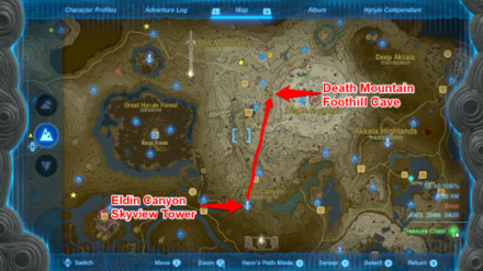 Zelda TotK Eldin Canyon Skyview Tower to Death Mountain Foothill Cave