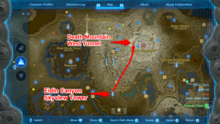 Zelda TotK Eldin Canyon Skyview Tower to Death Mountain West Tunnel