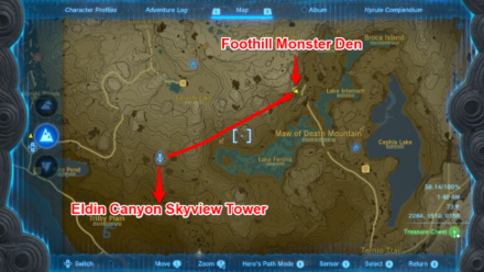 Zelda TotK Eldin Canyon Skyview Tower to Foothill Monster Den
