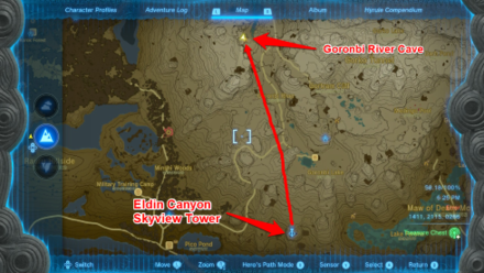 Zelda TotK Eldin Canyon Skyview Tower to Goronbi River Cave