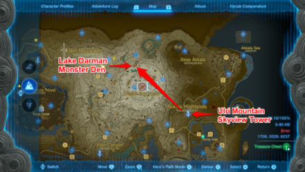 Zelda TotK Ulri Mountain Skyview Tower to Lake Darman Monster Den