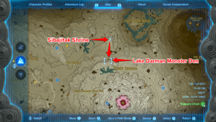 Zelda TotK Sibajitak Shrine to Lake Darman Monster Cave Map Location