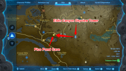 Zelda TotK Eldin Canyon Skyview Tower to Pico Pond Cave
