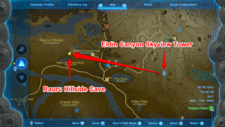 Zelda TotK Eldin Canyon Skyview Tower to Rauru Hillside Cave