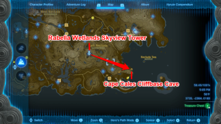 Zelda TotK Rabella Wetlands Skyview Tower to Cape Cales Cliffbase Cave