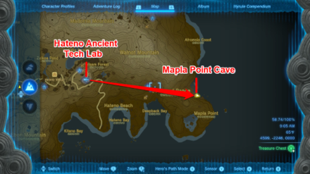 Zelda TotK Hateno Ancient Tech Lab  to Mapla Point Cave