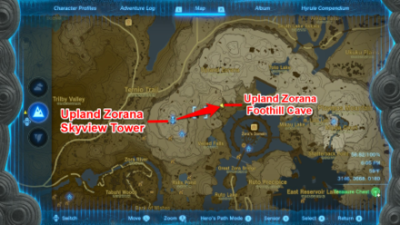 Zelda TotK Upland Zorana Skyview Tower to Upland Zorana Foothill Cave