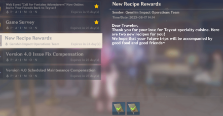 Genshin Impact - 4.0 Recipe Mail