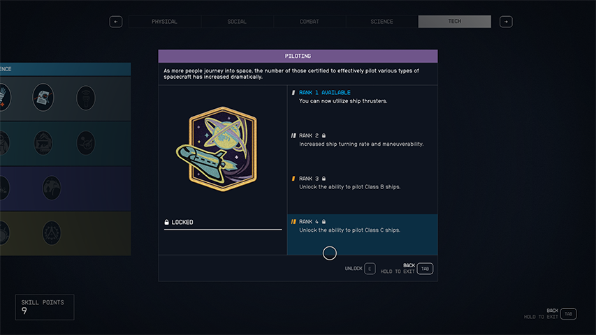 Starfield - Piloting Skill Ship Class