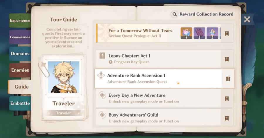 Genshin - Adventure Rank Ascension Quest in the Handbook