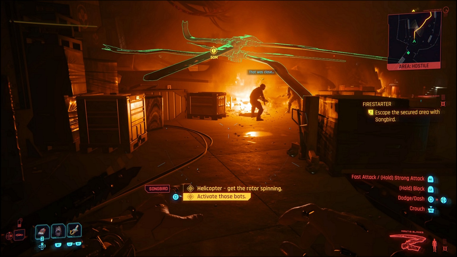 Cyberpunk - escaping the secured area with Songbird.