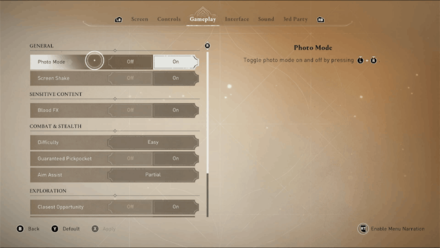 AC Mirage - Disable in Gameplay Settings Menu