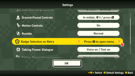 Super Mario Bros Wonder - Change the Badge Selection Settings