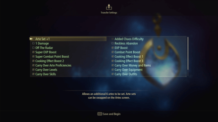 Tales of Arise Beyond the Dawn - New Game Plus Artifacts Screen