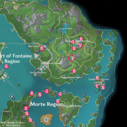 Genshin - Morte and Erinnyes (surface) - Pluie Lotus Locations