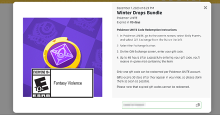 Pokemon UNITE - Winter Drops Code Screen