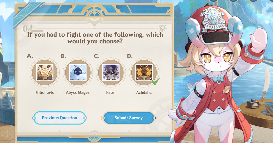 Genshin - Melusines Survey - Answer four survey questions