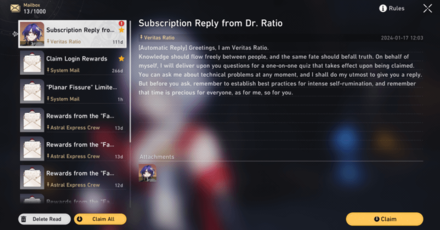 Honkai Star Rail - How to Get Free Dr Ratio in 1.6 - Get Dr Ratio from the Mail