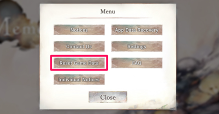 menu reset game data