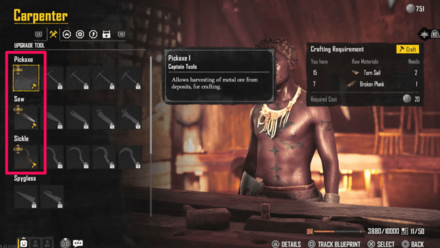 Skull and Bones - Craft the Pickaxe I, Saw I, and Sickle I