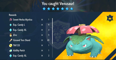 Pokemon SV The Indigo Disk DLC - Venusaur Raid Rewards