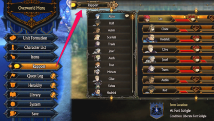 Unicorn Overlord - Open the Rapport Menu from the Overworld Menu