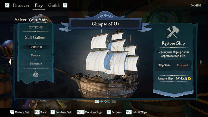 Sea of Thieves - Restore Ship Option Ship Selection Menu