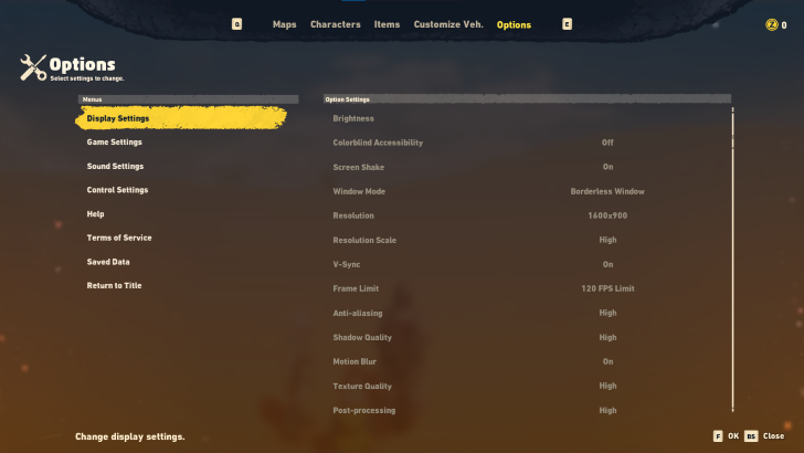 Sand Land - In game options