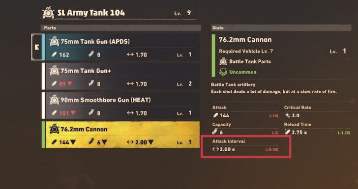 SAND LAND Vehicle Customization Attack Interval Stats