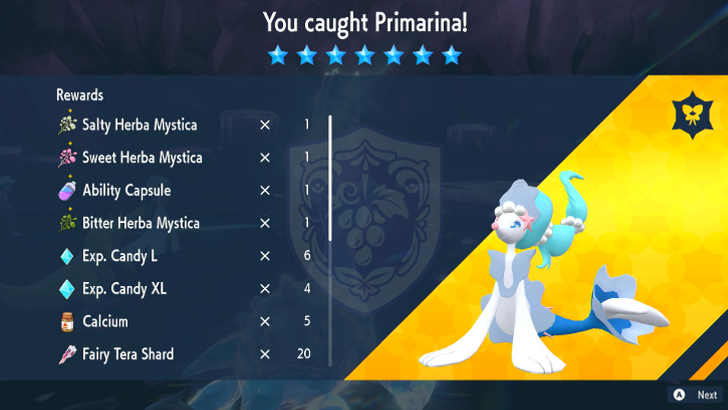 Pokemon SV The Indigo Disk DLC - Primarina Raid Rewards