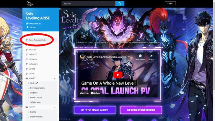 Solo Leveling Arise Official Forum Redeem Code tab