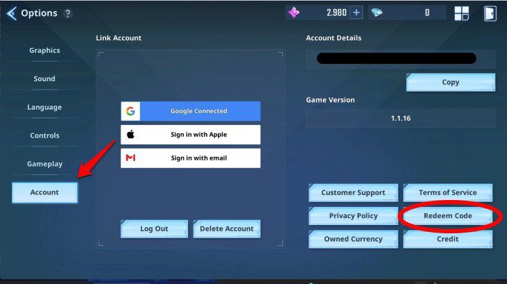 Solo Leveling Arise Account Settings Redeem Code button