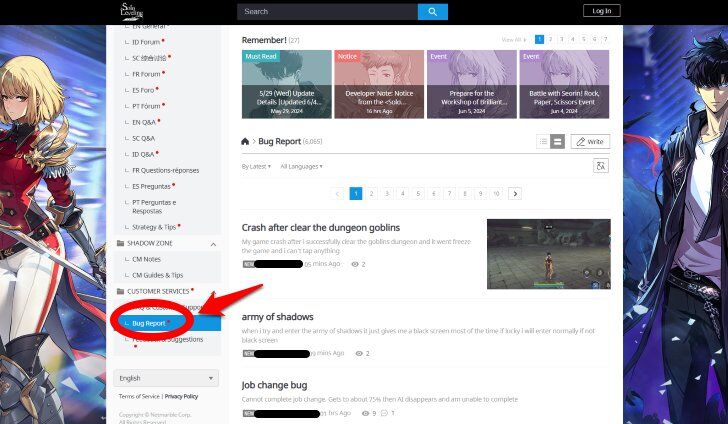 Solo Leveling Arise Official Forum Bug Report page