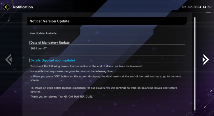Master Duel - June 7 2024 Version Update Confirmation