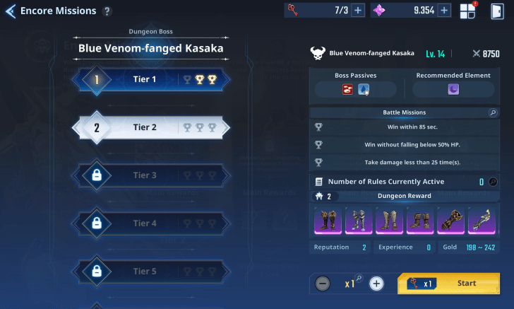 Solo Leveling Arise Encore Mission Tiers menu