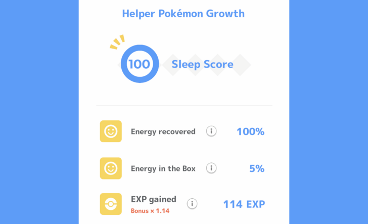 Sleep Session Results - Energy Recovered, Energy in Box, EXP Gained