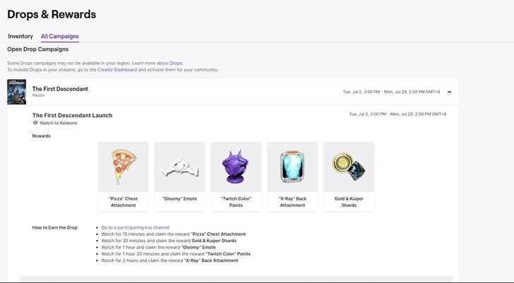 The First Descendant Twitch Drop Inventory Rewards