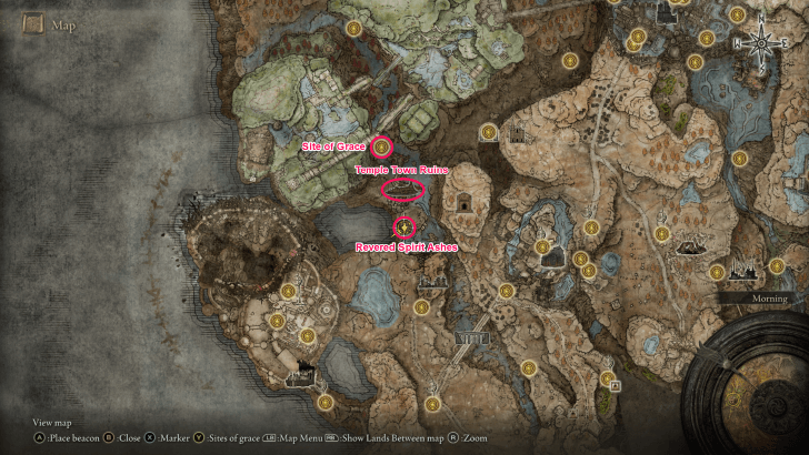 Elden Ring - Temple Town Ruins Revered Spirit Ash Map Location